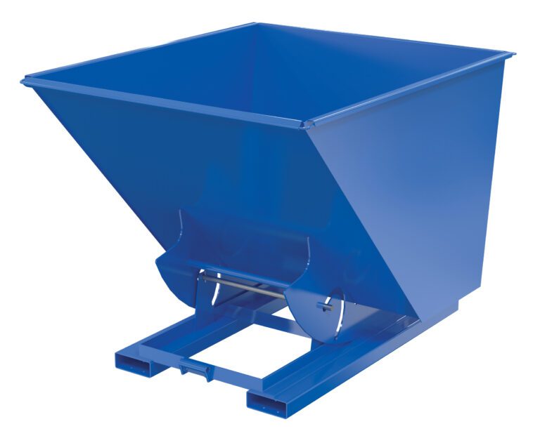 The Vestil Hopper W/O Bump & Dump Ld 2 Cu 2K Blue features a sleek industrial design with a rectangular top, forklift compatibility, and pivoting base for easy dumping, enhancing workspace efficiency and style with its smooth finish.