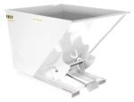 The Vestil Self-Dump Hopper LD 2 Cu Yd 2K White features a rectangular opening and tilting base for easy unloading, with caution labels on its sides enhancing functionality and sturdiness.