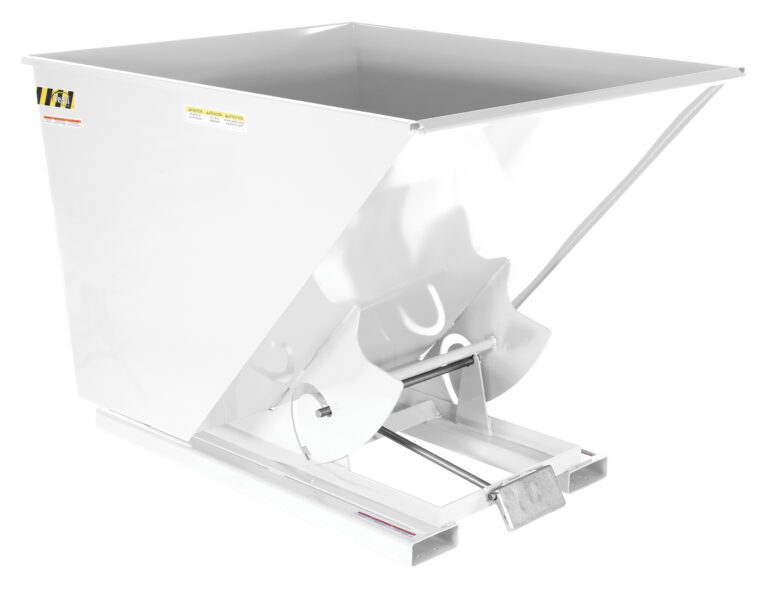 The Vestil Self-Dump Hopper LD 2 Cu Yd 2K White features a rectangular opening and tilting base for easy unloading, with caution labels on its sides enhancing functionality and sturdiness.