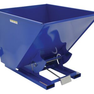 The Vestil Self-Dump Hopper LD 2 Cu Yd 2K Blue features a rectangular base and wide top opening, with a lever mechanism for efficient dumping. Its shiny blue metal surface beautifully reflects light.