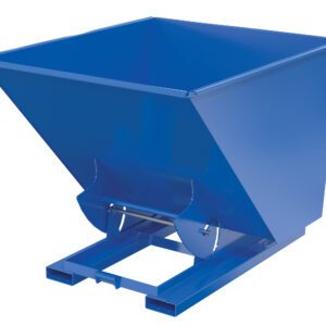 The Vestil Hopper W/O Bump & Dump Md 2 Cu 4K Blue is an industrial solution with a rectangular base, tapered sides for storing and dispensing bulk materials, and a pallet-style frame for stability and easy transport.