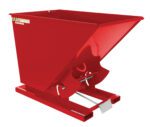 The Vestil Self-Dump Hopper Md 2 Cu Yd 4K Red is a red industrial hopper with a square top opening and sloped front for easy discharge, ideal for handling bulk materials in warehouses or construction sites thanks to its sturdy metal base.