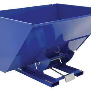The Vestil Self-Dump Hopper HD 3 Cu Yd 6K Blue is a robust, rectangular-shaped industrial metal hopper featuring a hinged bottom for efficient material transport.