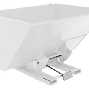 This image features the Vestil Self-Dump Hopper Ld 3 Cu Yd 2K White, an industrial hopper with a 2,000 lb capacity. It has a durable open-top rectangular design and sturdy frame for bulk material handling or transport, complete with mechanical components for smooth operation.