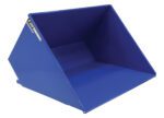 The Vestil Self-Dump Hopper Md 3 Cu Yd 4K Blue is a large, open hopper with a sloped base and sides for bulk handling or storage. It has a spacious interior, top edge label, and appears empty but well-constructed.