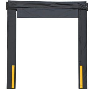 The Vestil Dock Seal 11 In Projection 8X9 Door features a black loading dock shelter with vertical side pads and a horizontal top curtain. Each side pad has two yellow stripes, and the durable materials create a snug seal between truck and building.