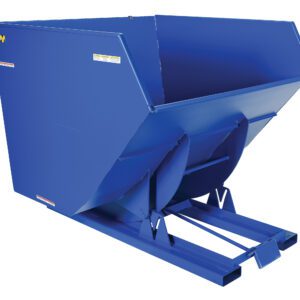 The Vestil Self-Dump Hopper Hd 4 Cu Yd 6K Blue, featuring a sloped rectangular design and forklift-compatible base, efficiently transports and dumps up to 4 cubic yards of bulk materials with a 6,000 lb capacity.