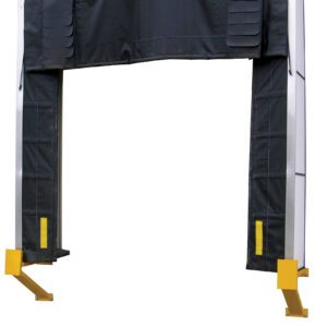 The Vestil Dock Shelter 36 In Projection 11X10.5 Ft features an industrial black finish with yellow safety bumpers on each side and a retractable fabric canopy, providing a secure seal for loading areas against a crisp white background.