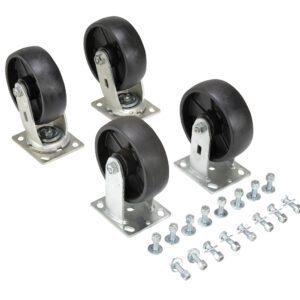 On a white background are four black wheels with metal brackets and the Vestil 6X2 Glass Filled Nylon Caster Kit (4800# cap). Screws and washers for assembly are included. The wheels feature a swivel base, ideal for mounting on furniture or equipment.