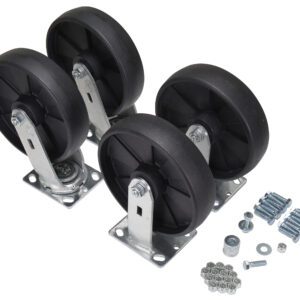 Four black caster wheels with silver brackets, similar to the Vestil Caster Kit, are in a row. To the right, screws, washers, and nuts are grouped on a white background.