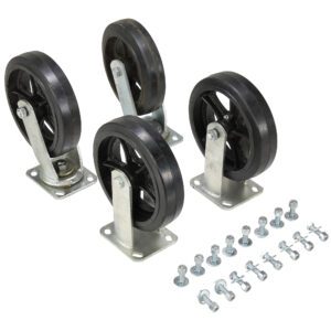 On a white surface, four black Vestil 8X2 Mold-On-Rubber caster wheels equipped with metal brackets are displayed alongside a neatly arranged set of silver bolts and nuts, highlighting the kits robust 2400# capacity.
