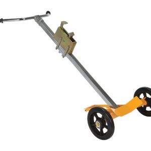 The Vestil Deluxe Tilt Back Drum Truck 1K Lb Cap is equipped with a sturdy metal frame, a long handle, and two black wheels. It features a clamp mechanism and an orange platform for stability.