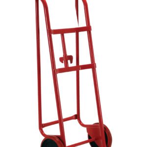 The Vestil Polyurethane Barrel/Drum Truck 800 lb is a red hand truck for moving heavy items, featuring a sturdy metal frame and two black wheels. It includes black-gripped handles for comfort and offers reliable support and stability with its simple vertical design.