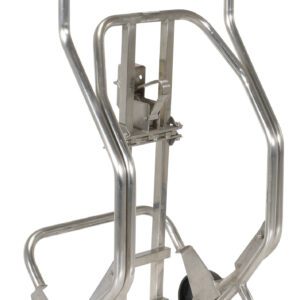 The Vestil Stainless Steel Drum Truck (Deluxe) offers a sturdy metallic frame with two black wheels and curved handles, ensuring secure and efficient transport.