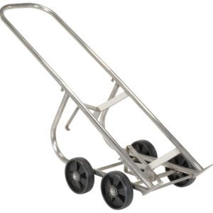 The Vestil Stainless Steel Drum Truck has a sturdy frame with four black wheels and a curved handle, made from durable stainless steel, facilitating heavy lifting and smooth transport.