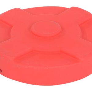 A round, red plastic disc resembling the Vestil Red Drum Cover 30 Gallon, with a slightly raised center and four evenly spaced rectangular protrusions around the edge. The surface is smooth and unmarked.