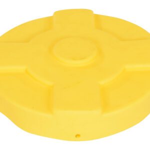 The Vestil Yellow Drum Cover 30 Gallon is a round plastic cover with a raised center and four symmetrical protrusions, resembling a wheel or cap.