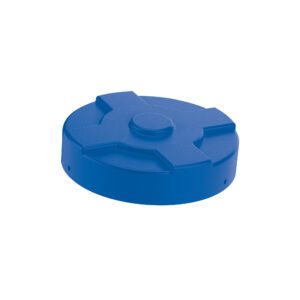 The Vestil Blue Drum Cover 55 Gallon features a circular plastic design with raised geometric patterns, a central knob, multiple sections, and edge indentations for functionality and style.