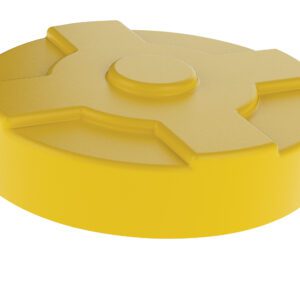 The Vestil Yellow Drum Cover 55 Gallon is round and yellow with a flat top, central raised section, four evenly spaced ridges, smooth texture, and slightly beveled sides for a secure fit.