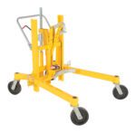 The Vestil Ratchet Drum Transporter/Controller 880 is a yellow hydraulic lifting device with four black wheels and an easy-to-steer handle, designed for moving heavy objects. Its sturdy metal frame ensures reliable support.