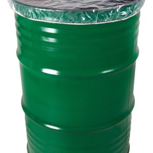 A green metal barrel with a Vestil Elastic Drum Cover 30 Gallon fits snugly on top, upright against a plain white backdrop.