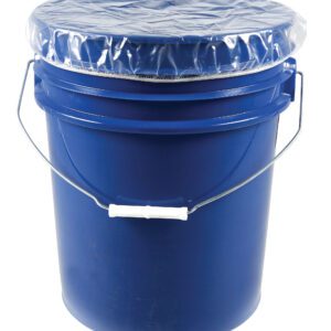 The Vestil Elastic Drum Cover Antistat 5 Gal pairs perfectly with a blue plastic bucket featuring a white handle and transparent, tightly sealed lid for secure storage. The setup is depicted against a plain white background.