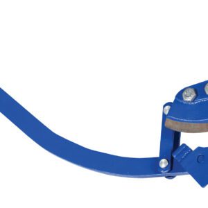 A blue metal tool similar to the Vestil Manual Drum Deheader W/Blade-Standard, with a long handle and curved serrated gripping section, designed for securing and tightening metal straps efficiently.