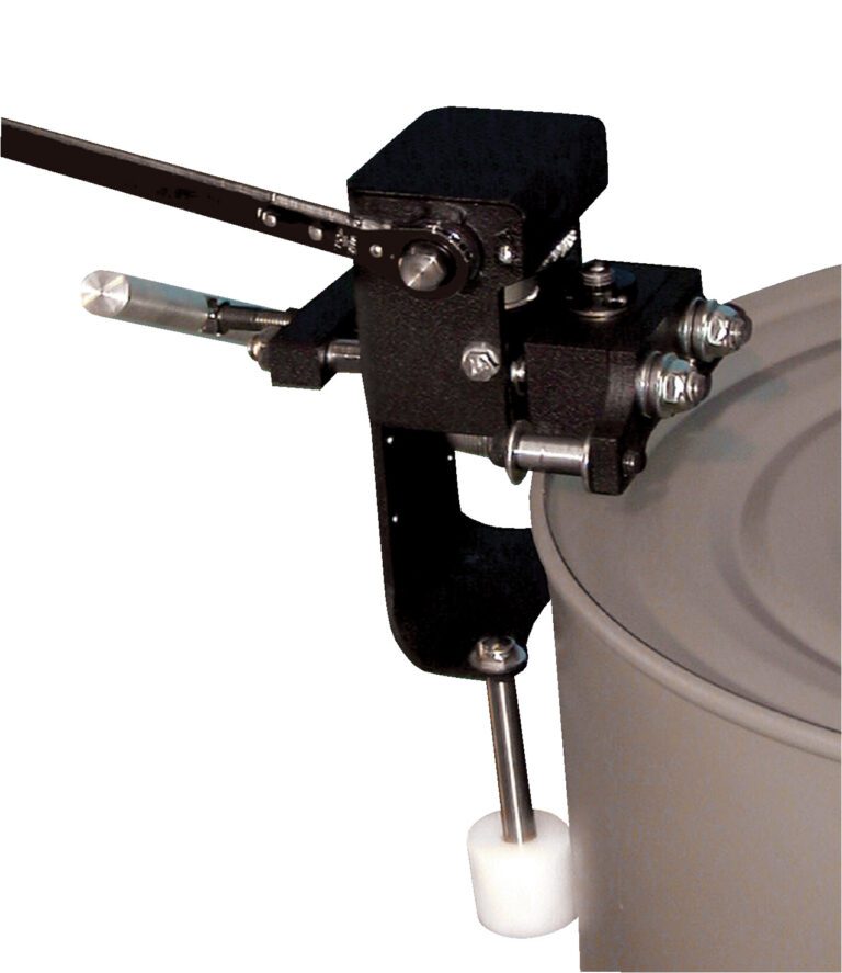 A can seamer, akin to a Vestil Burr-Free Manual Drum Deheader 3-5 Pass, efficiently seals by clamping onto a metal rim. It features a lever and metallic parts including a roller and cylindrical tool.