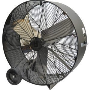 The Vestil Enclosed Direct Drive Portable Blower features a black metal casing and blades with wheels for easy mobility. Its slight upward tilt ensures powerful ventilation, making it ideal for large industrial spaces.