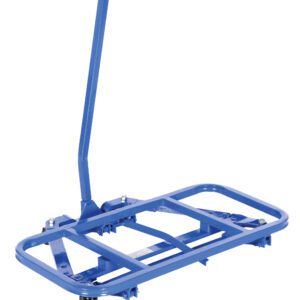 The Vestil Desk Mover Steel 600 Lb Capacity is a blue flatbed trolley with two front wheels and a long handle featuring a black grip, expertly designed to support up to 600 lbs. Its rectangular open frame stands out against its white background.