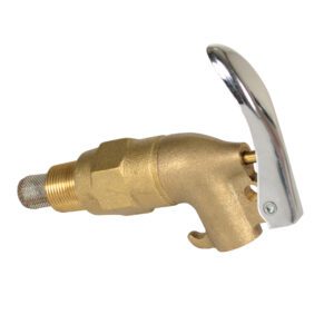 The Vestil Drum Faucet Non Adjust Brass 3/4 Bung, with a silver lever handle, is ideal for tapping beer kegs. It features a threaded connection and mesh filter for precise flow control. The upright lever ensures its ready for action.