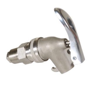 A stainless steel 3/4 bung beer keg coupler with a silver lever handle for tapping kegs and connecting to lines rivals the precision of a Vestil Drum Faucet. Its threaded body ensures secure attachment like the Vestil design.
