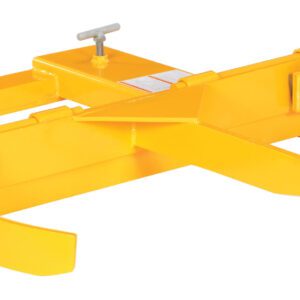 The robust yellow Vestil Drum Gripper Deluxe Double 55 Gal 2K is a forklift attachment with curved arms for 55-gallon drum barrels. Designed for safety, it includes top metal handles and a secure strap, perfect for warehouse or industrial settings.