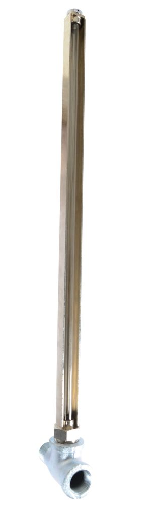 DGLI-4_A.jpg The Vestil Horizontal Drum Gauge Level Indicator includes a metal water gauge with a long transparent tube on a right-angle pipe fitting, shown against a white background.