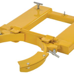 The Vestil Drum Grabber Adjustable Steel/Plastic is a yellow metal forklift attachment with adjustable clamps, designed to securely lift steel and plastic drums. Its rectangular structure features two semicircular grippers on one side.
