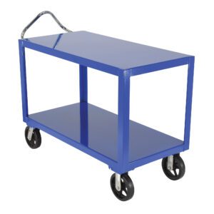 Introducing the Vestil Ergo Handle Cart Rubber Casters 24 X 48, a blue utility cart with two flat shelves, a chrome handle, and durable rubber casters—perfect for easy transport on any surface. Shown on a plain white background.