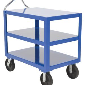 The Vestil Heavy Duty Ergo Handle Cart 3Shelf 24X36, in blue, features black wheels and a silver handle. Made of metal, its simple design is ideal for efficiently transporting items on its three-tier, 24x36 shelves.