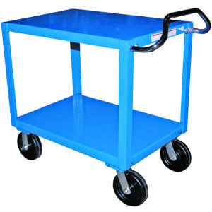 The Vestil Heavy Duty Ergo Handle Cart 2Shelf 24X72 showcases a vibrant blue design with two 24x72 flat shelves and a sleek black handle, supported by four sturdy black wheels for easy mobility.