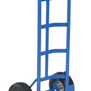 The Vestil Steel Dual Handle Hand Truck Pn Wheel features a blue metal frame with black handles and two sturdy black rubber wheels, perfect for moving heavy items. It has a flat base to facilitate lifting and transporting objects effortlessly.