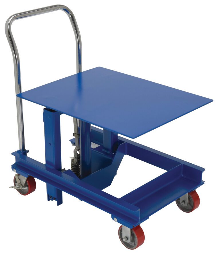 DIE-2430-36_A.jpg The Vestil Ergo Manual Die Table 36 In is a blue scissor lift cart with a metal handle and four red wheels, featuring a flat platform that elevates above the base for easy lifting and transporting of heavy items in industrial settings.