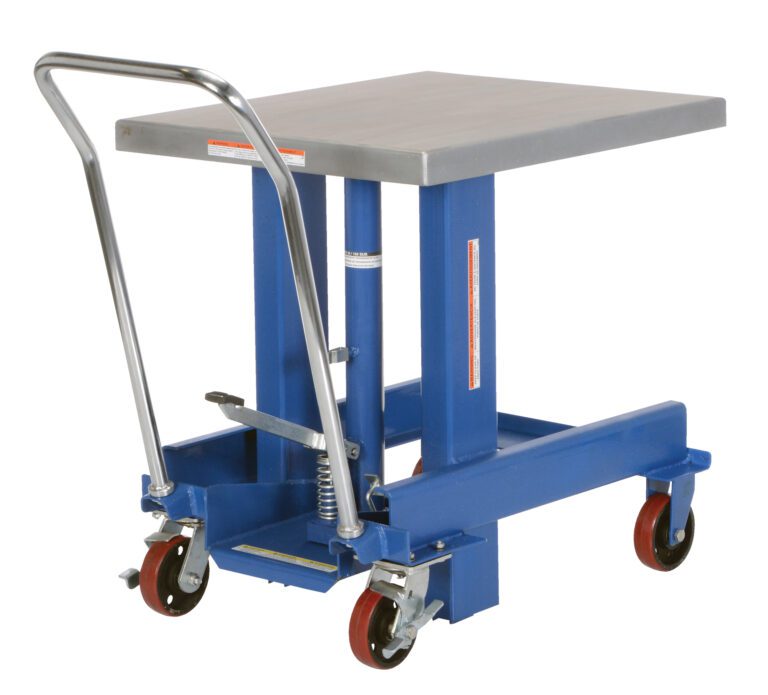 DIE-2430-48-C_A.jpg The Vestil Ergo Manual Chrome Platform Table 48 In features a metal handle, blue square platform, red swivel casters, and a foot pedal for easy lifting and transporting of heavy items.