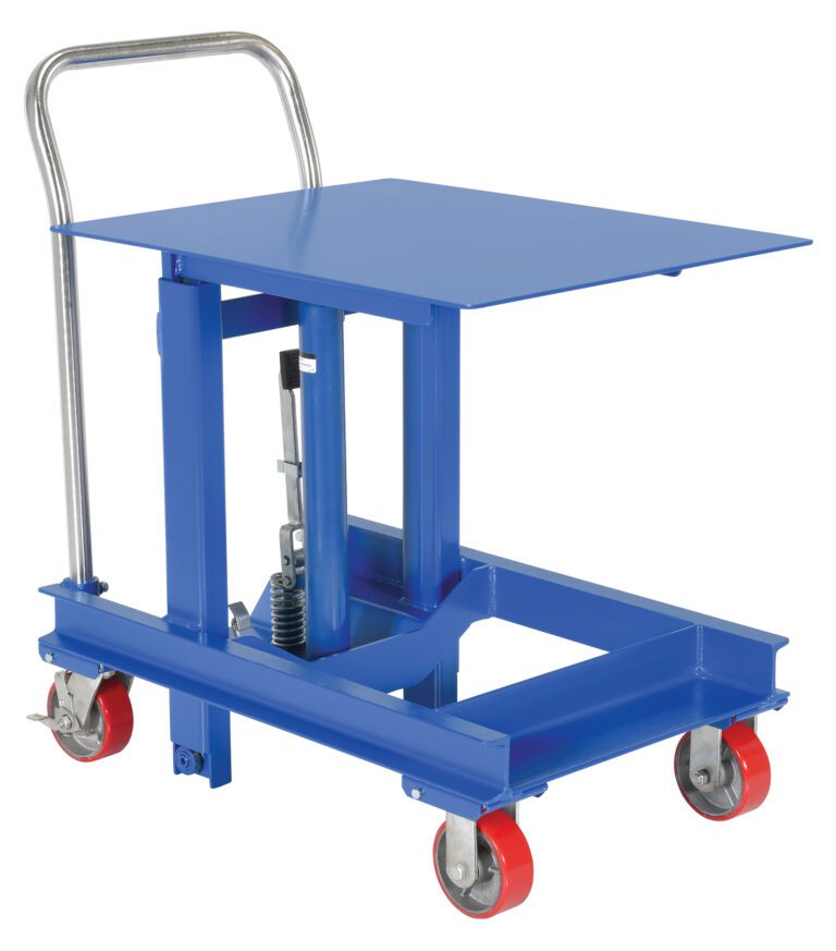 The Vestil Ergo Manual Die Table 48 In is a blue hydraulic lift table cart with a flat surface, chrome handle, and four red caster wheels, offering easy height adjustment and seamless mobility.