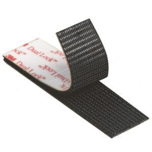 The 1 x 150 Black 3M™ SJ3550 Dual Lock™ Fastener strip features black interlocking mushroom-shaped stems on one side and adhesive backing on the other, partially peeled back to reveal both surfaces. Sold as 1 per case.