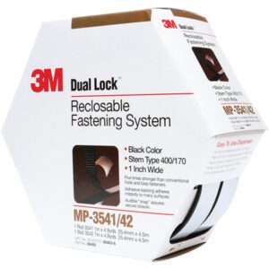 The hexagonal box contains 1 x 15 Black 3M™ MP3541/42 Dual Lock™ Mini Pack Fasteners in stem type 400/170, with highlights and a dispenser opening, model MP-3541/42. It includes one roll and comes in black.