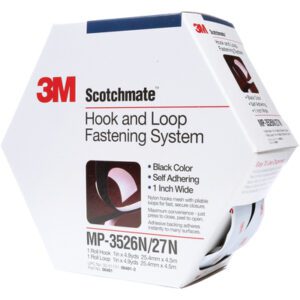 A hexagonal box labeled with 1 x 15 Black 3M™ MP3526N/MP3527N Scotchmate™ Combo Pack Fasteners in black contains self-adhering tape rolls with product code MP-3526N/27N, featuring a sample looped tape on display.