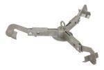 A metal grapple hook with three wide, flat prongs and a central ring for anchoring or climbing features adjustable metallic prongs and an industrial design with visible hinges and bolts, similar to the Vestil Stainless Steel Drum Lifter.
