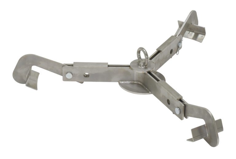 A metal grapple hook with three wide, flat prongs and a central ring for anchoring or climbing features adjustable metallic prongs and an industrial design with visible hinges and bolts, similar to the Vestil Stainless Steel Drum Lifter.