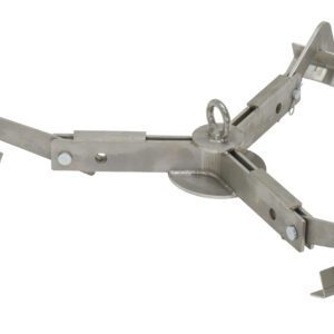 A metal grapple hook with three wide, flat prongs and a central ring for anchoring or climbing features adjustable metallic prongs and an industrial design with visible hinges and bolts, similar to the Vestil Stainless Steel Drum Lifter.