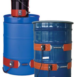 Two blue industrial drums with red and black heating bands, like the Vestil Steel Drum Heater 15 Gallon Capacity, show a smaller black container atop a larger one. Cords from the bands emphasize their electronic power source in the background.
