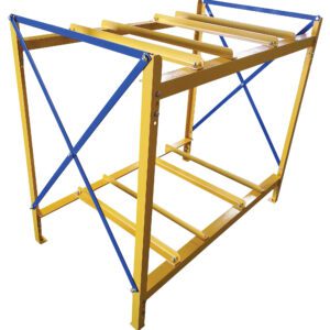 The Vestil Horizontal Drum Storage Rack 2W X 2H is a durable rectangular metal frame with a yellow base, complemented by blue diagonal crossbars and multiple yellow horizontal bars on the top and bottom, providing robust support for heavy items.